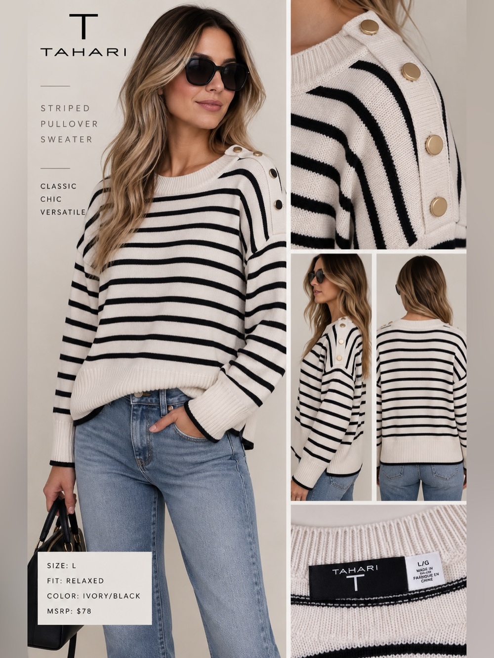 Tahari Ivory and Black Striped Crewneck Sweater with Gold Buttons Size L